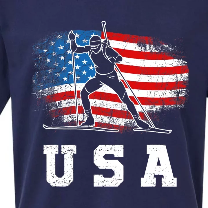 Biathlon USA! Patriotic Skiing And Rifle Shooting Sueded Cloud Jersey T-Shirt