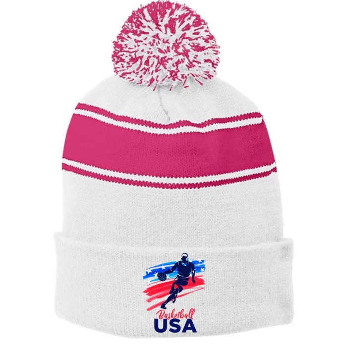 Basketball USA Support The Team Basketball Lover Stripe Pom Pom Beanie