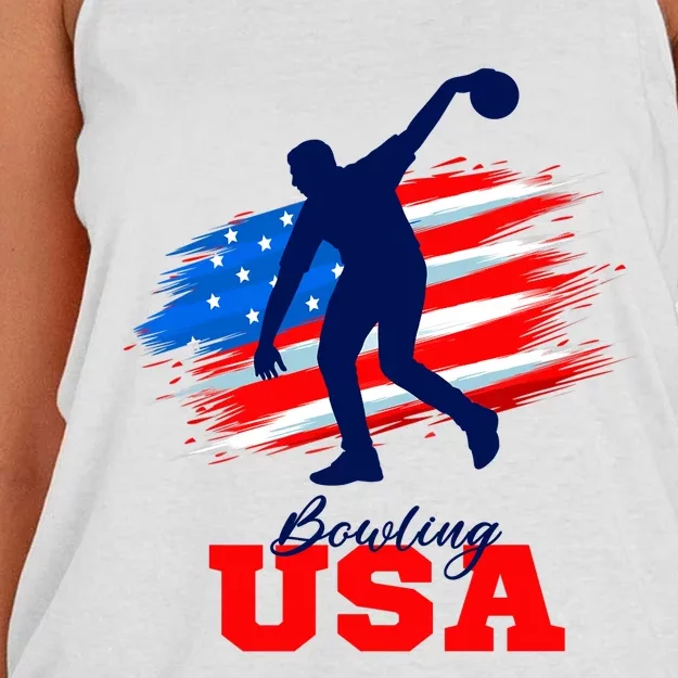 Bowling USA Support Team American Flag Bowling Sports Lover Premium Women's Knotted Racerback Tank