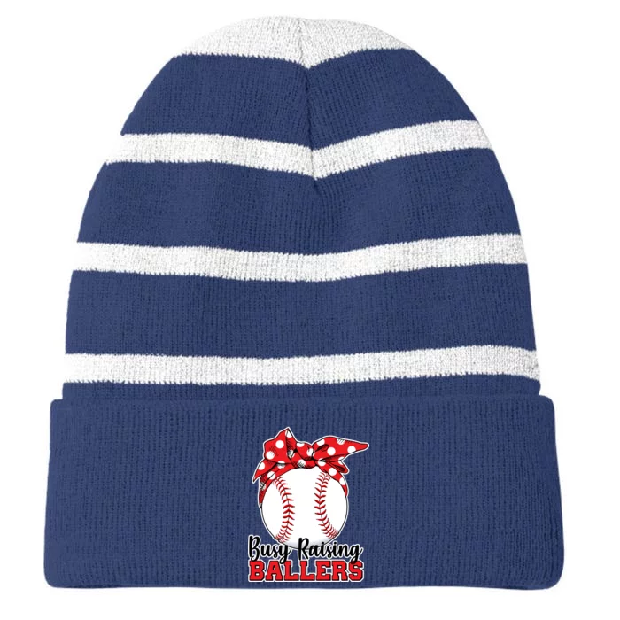 Busy Raising Ballers Baseball Parents Striped Beanie with Solid Band