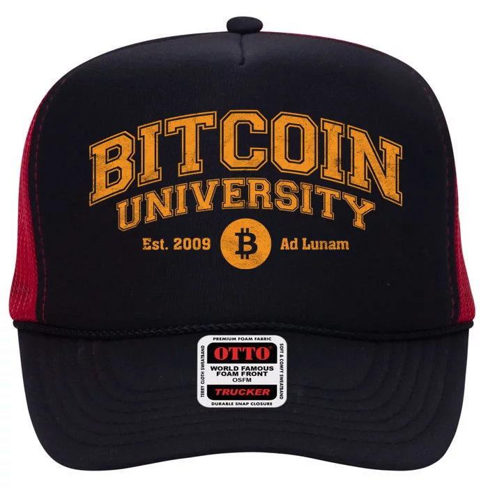 Bitcoin University To The Moon, Funny Distressed College BTC High Crown Mesh Trucker Hat