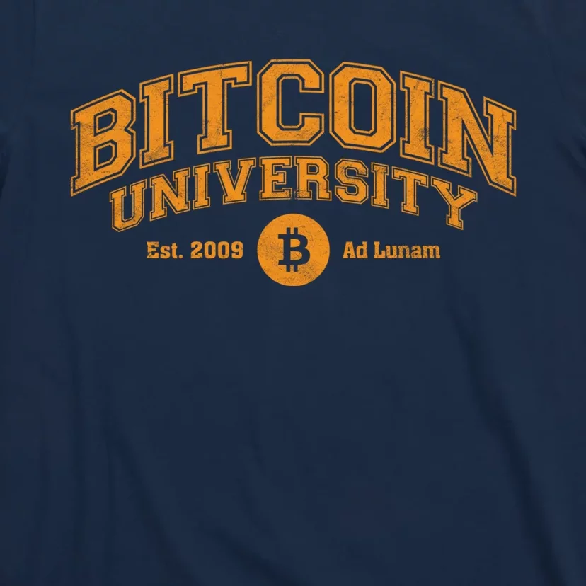 Bitcoin University To The Moon, Funny Distressed College BTC T-Shirt