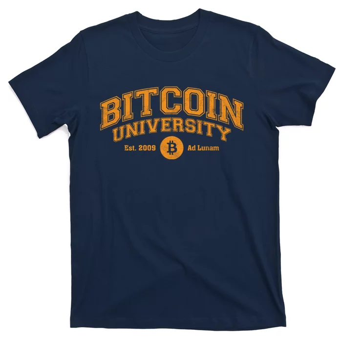 Bitcoin University To The Moon, Funny Distressed College BTC T-Shirt