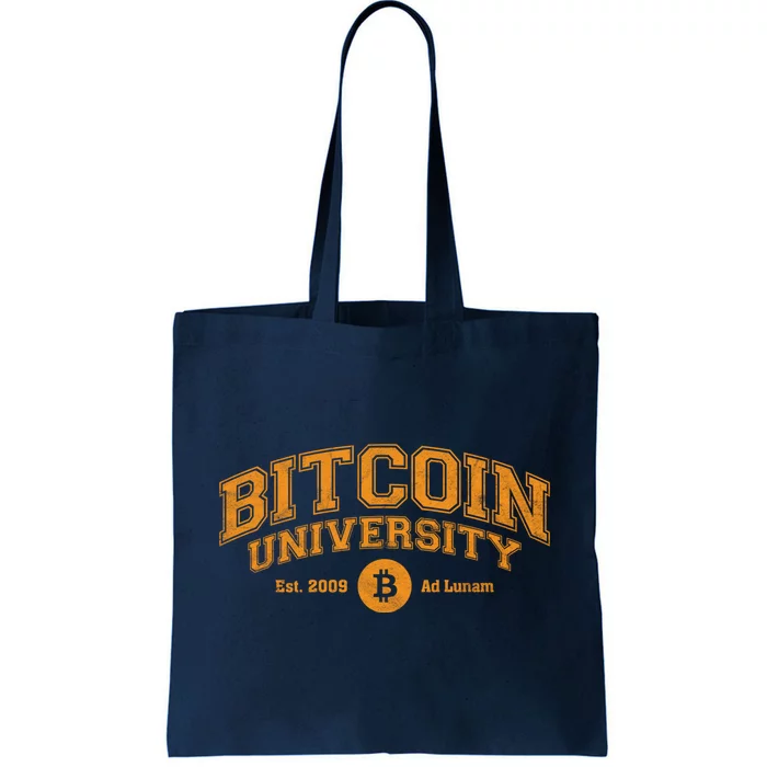 Bitcoin University To The Moon, Funny Distressed College BTC Tote Bag