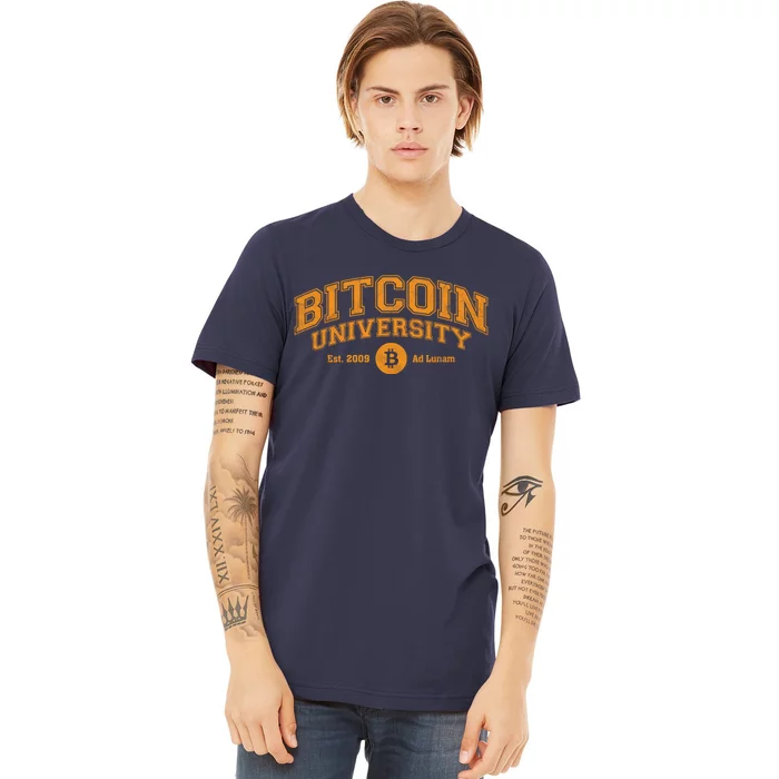 Bitcoin University To The Moon, Funny Distressed College BTC Premium T-Shirt