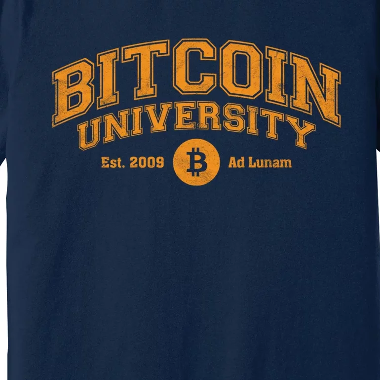 Bitcoin University To The Moon, Funny Distressed College BTC Premium T-Shirt