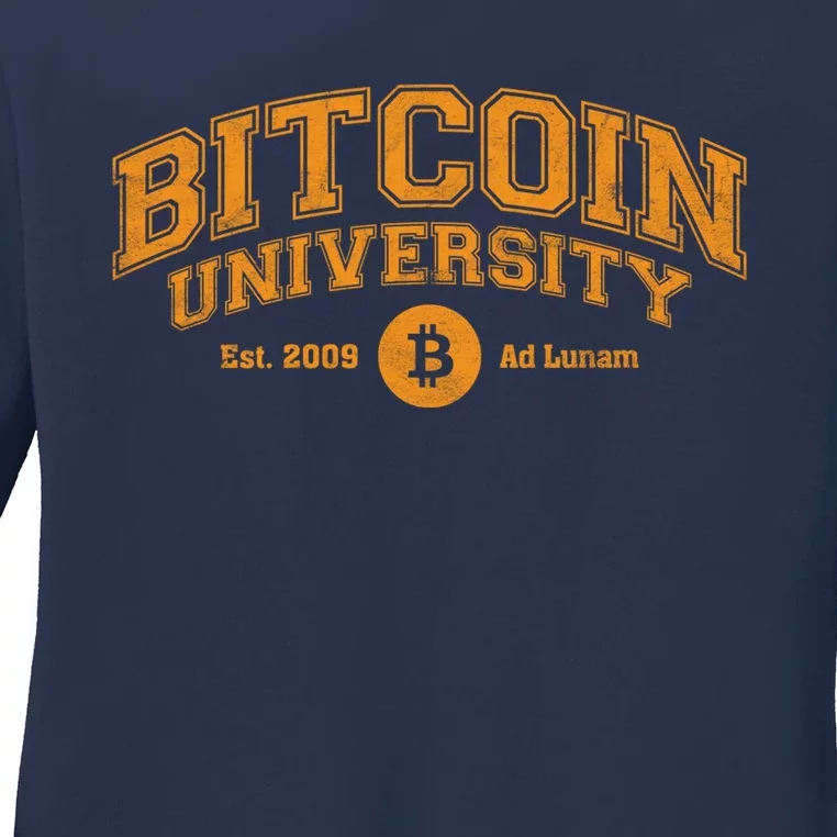 Bitcoin University To The Moon, Funny Distressed College BTC Ladies Long Sleeve Shirt