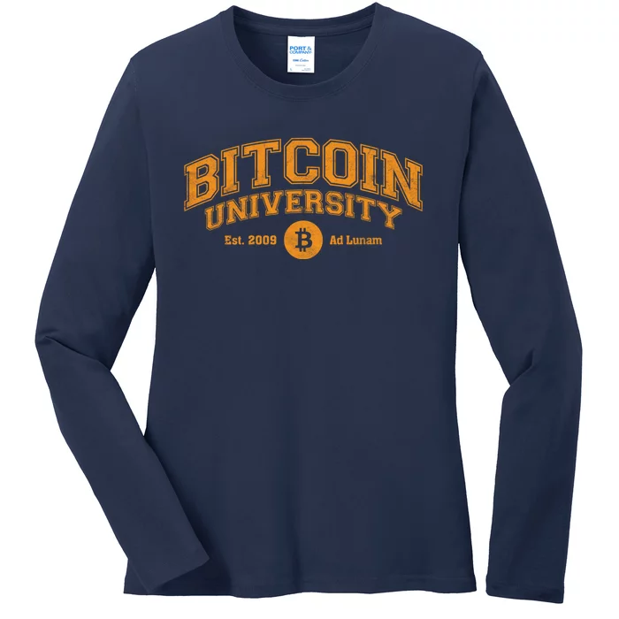 Bitcoin University To The Moon, Funny Distressed College BTC Ladies Long Sleeve Shirt