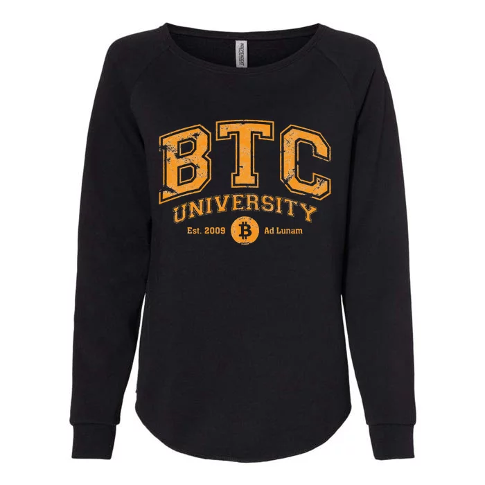 BTC University To The Moon Funny Distressed Bitcoin College Womens California Wash Sweatshirt