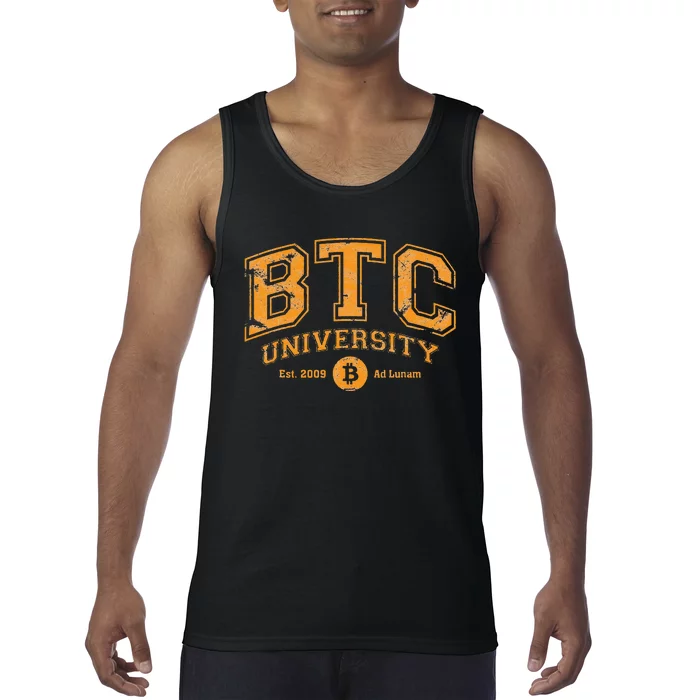 BTC University To The Moon Funny Distressed Bitcoin College Tank Top