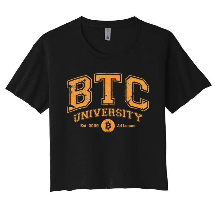 BTC University To The Moon Funny Distressed Bitcoin College Women's Crop Top Tee