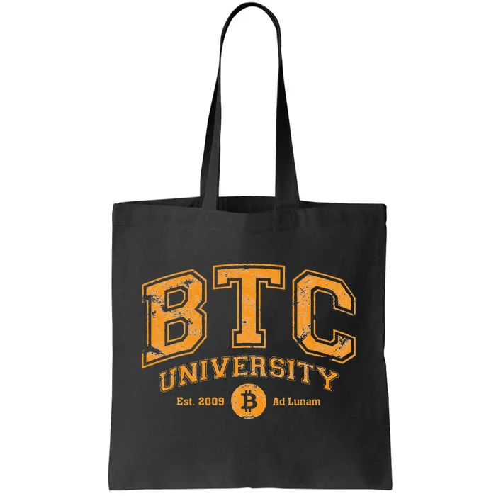 BTC University To The Moon Funny Distressed Bitcoin College Tote Bag