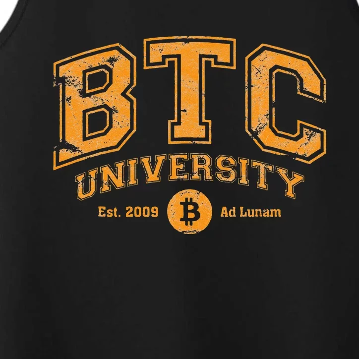 BTC University To The Moon Funny Distressed Bitcoin College Performance Tank