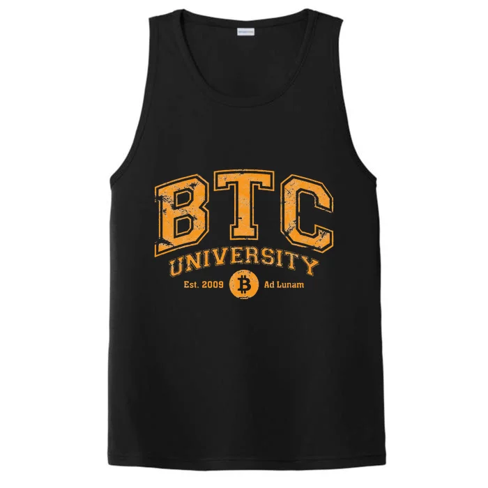 BTC University To The Moon Funny Distressed Bitcoin College Performance Tank