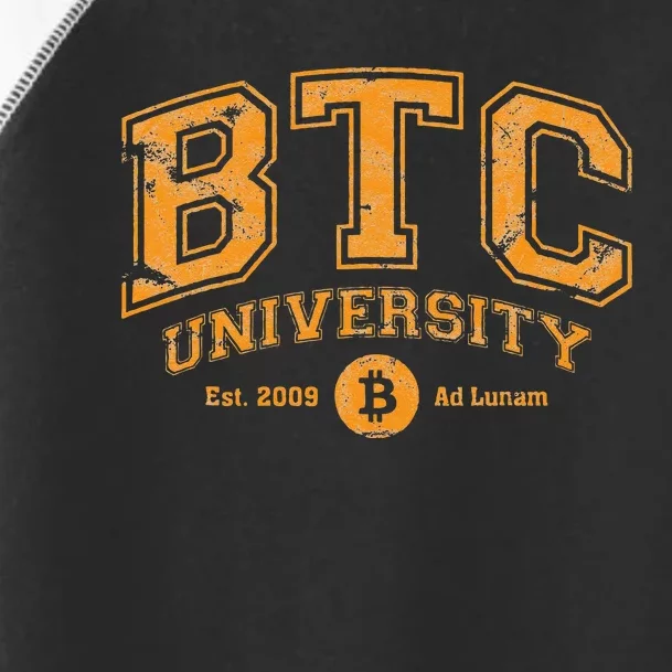 BTC University To The Moon Funny Distressed Bitcoin College Toddler Fine Jersey T-Shirt