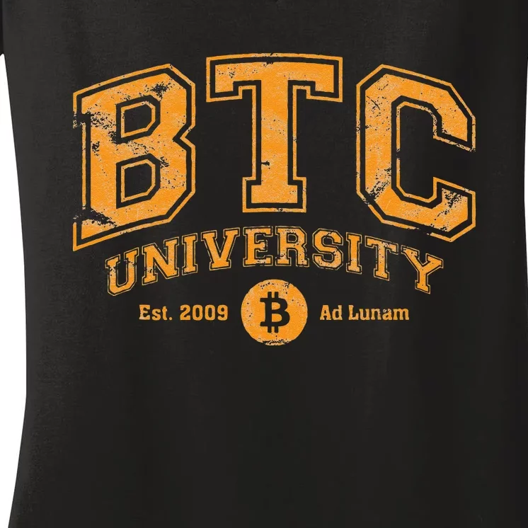 BTC University To The Moon Funny Distressed Bitcoin College Women's V-Neck T-Shirt