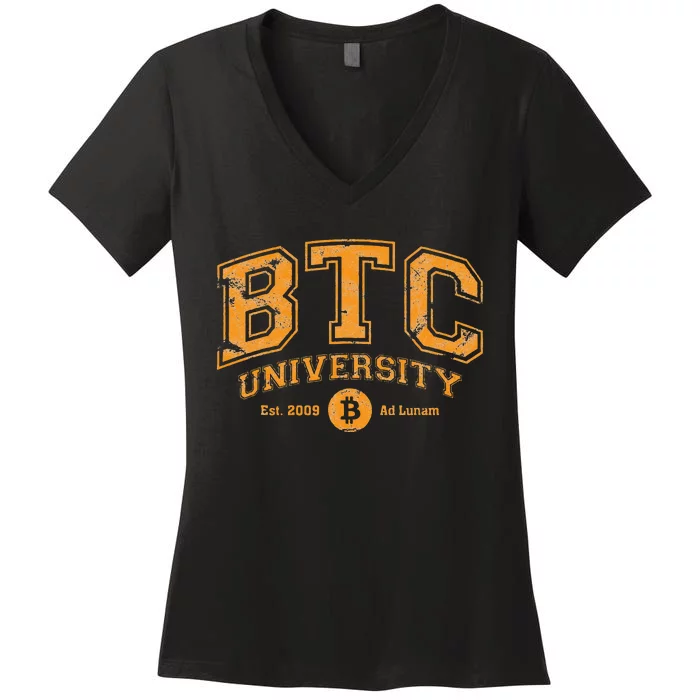 BTC University To The Moon Funny Distressed Bitcoin College Women's V-Neck T-Shirt