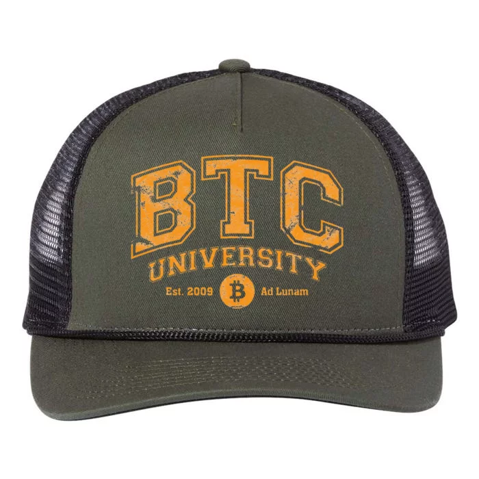 BTC University To The Moon Funny Distressed Bitcoin College Retro Rope Trucker Hat Cap