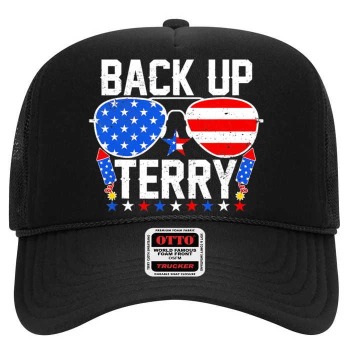 Back Up Terry Funny 4th Of July Us Flag Patriotic Fireworks High Crown Mesh Trucker Hat