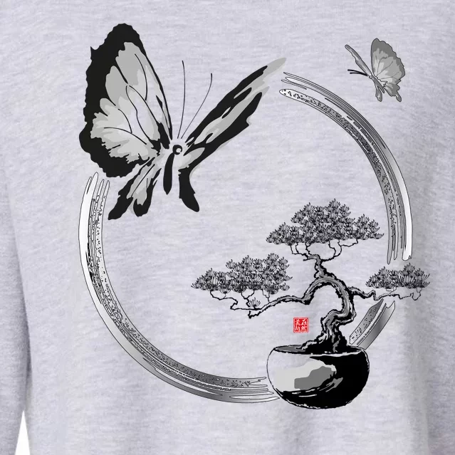 Butterflies And Bonzai Tree Japanese Ink Cropped Pullover Crew