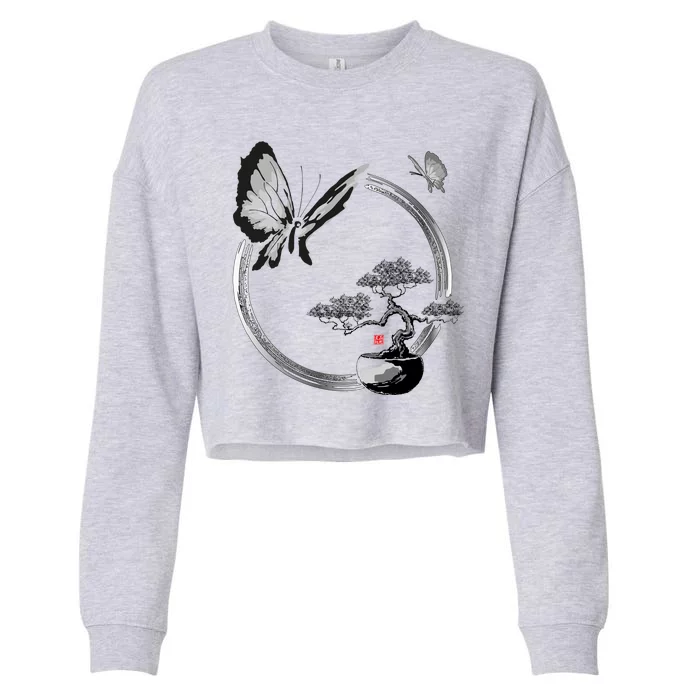 Butterflies And Bonzai Tree Japanese Ink Cropped Pullover Crew