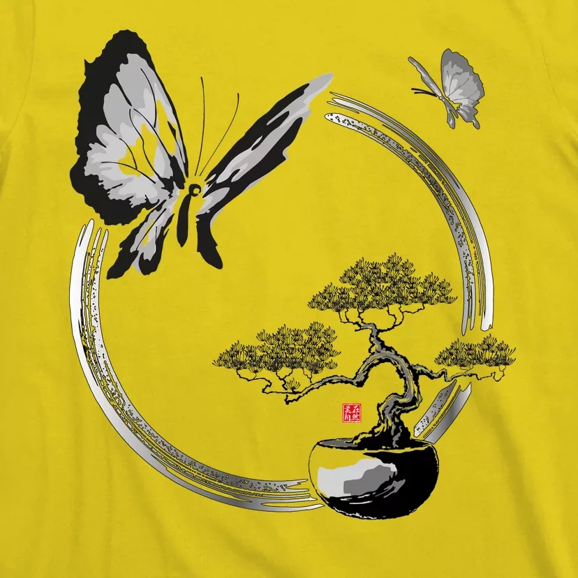 Butterflies And Bonzai Tree Japanese Ink T-Shirt