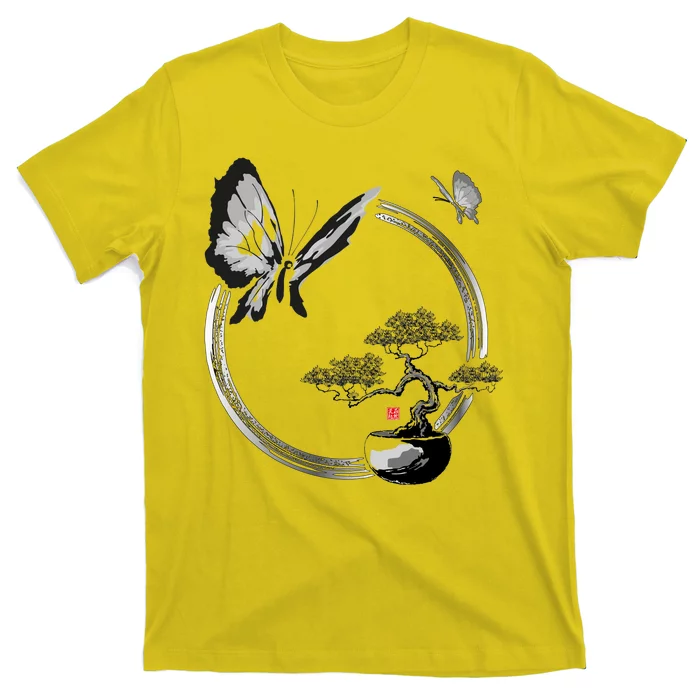 Butterflies And Bonzai Tree Japanese Ink T-Shirt