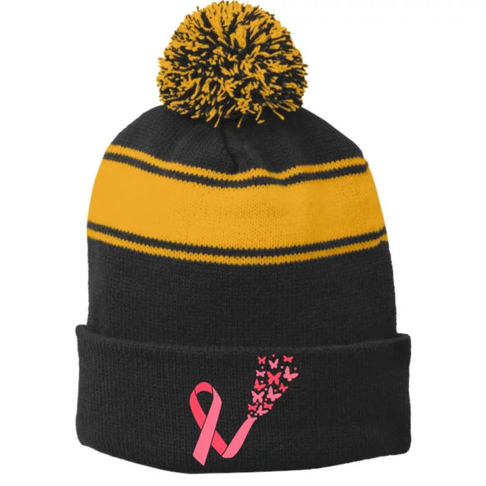 Butterfly Burst Breast Cancer Ribbon Stripe Pom Pom Beanie