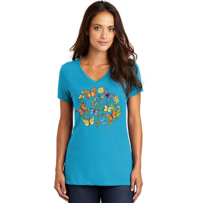 Butterfly Garden Flowers Women's V-Neck T-Shirt