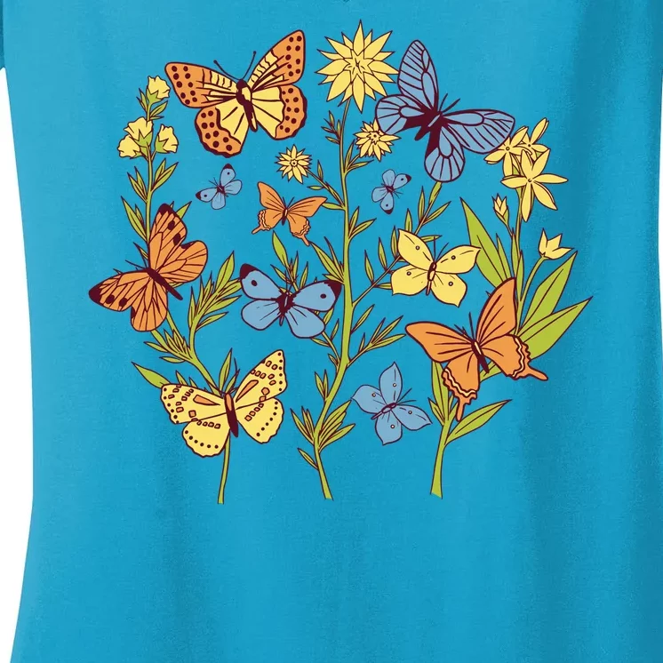 Butterfly Garden Flowers Women's V-Neck T-Shirt