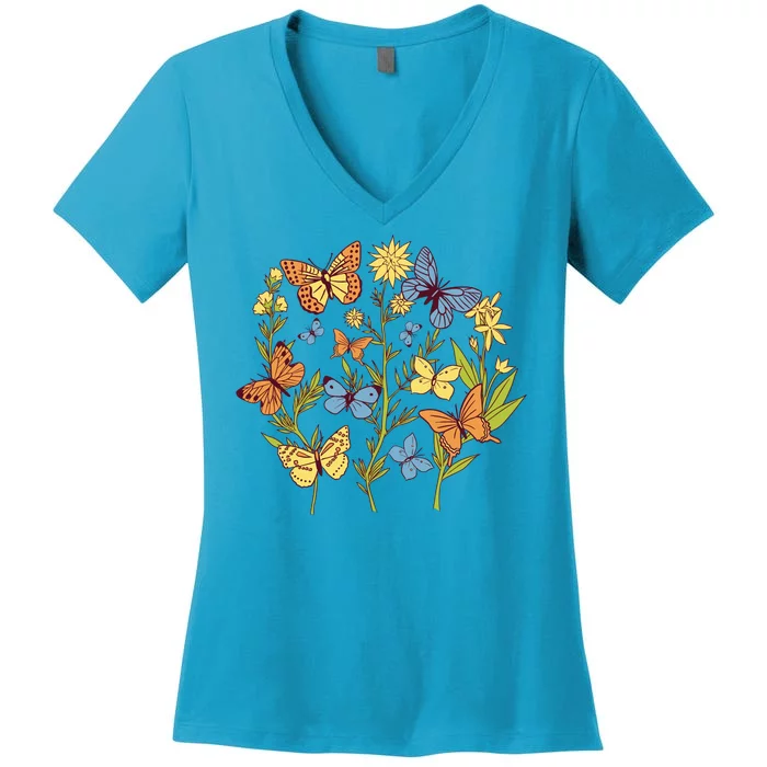 Butterfly Garden Flowers Women's V-Neck T-Shirt