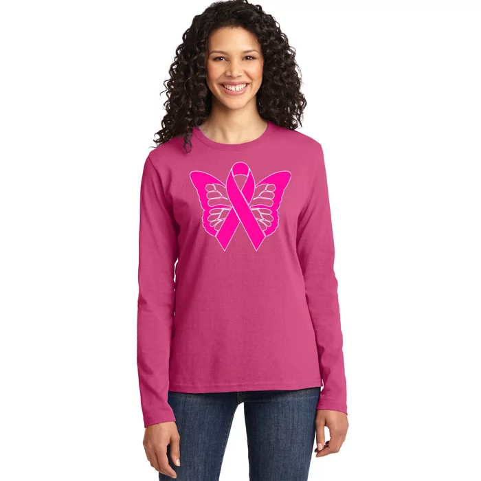 Butterfly Ribbon Breast Cancer Ladies Long Sleeve Shirt