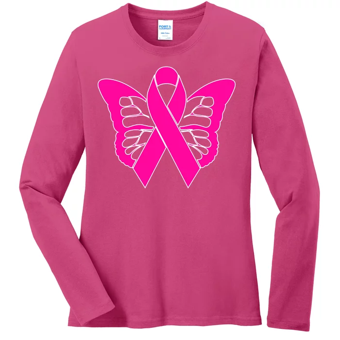 Butterfly Ribbon Breast Cancer Ladies Long Sleeve Shirt