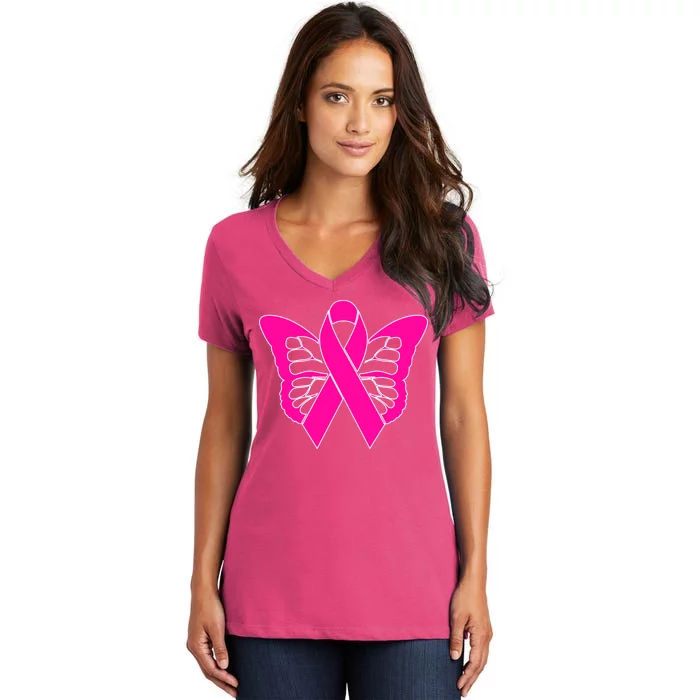 Butterfly Ribbon Breast Cancer Women's V-Neck T-Shirt