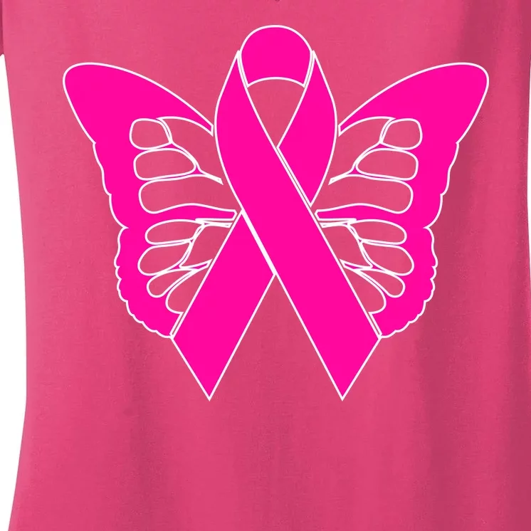 Butterfly Ribbon Breast Cancer Women's V-Neck T-Shirt