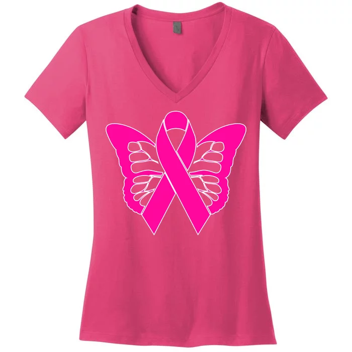 Butterfly Ribbon Breast Cancer Women's V-Neck T-Shirt