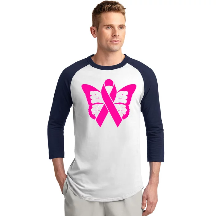 Butterfly Ribbon Breast Cancer Baseball Sleeve Shirt