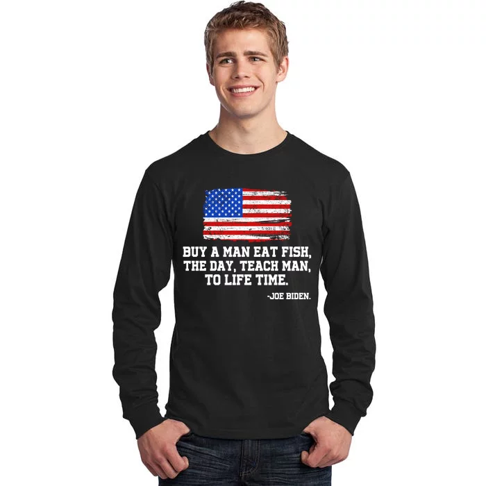 Buy A Man Eat Fish Joe Biden USA American Flag Tall Long Sleeve T-Shirt