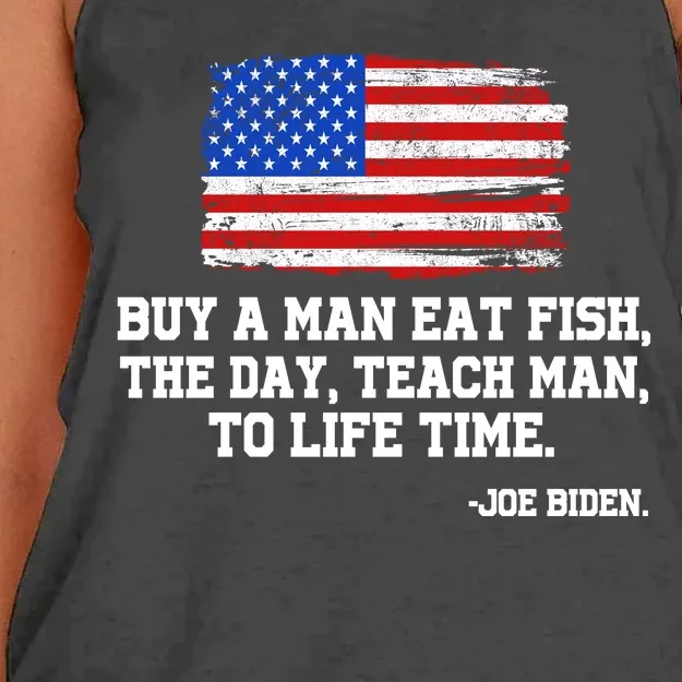 Buy A Man Eat Fish Joe Biden USA American Flag Women's Knotted Racerback Tank