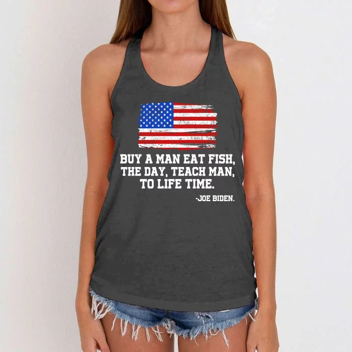 Buy A Man Eat Fish Joe Biden USA American Flag Women's Knotted Racerback Tank