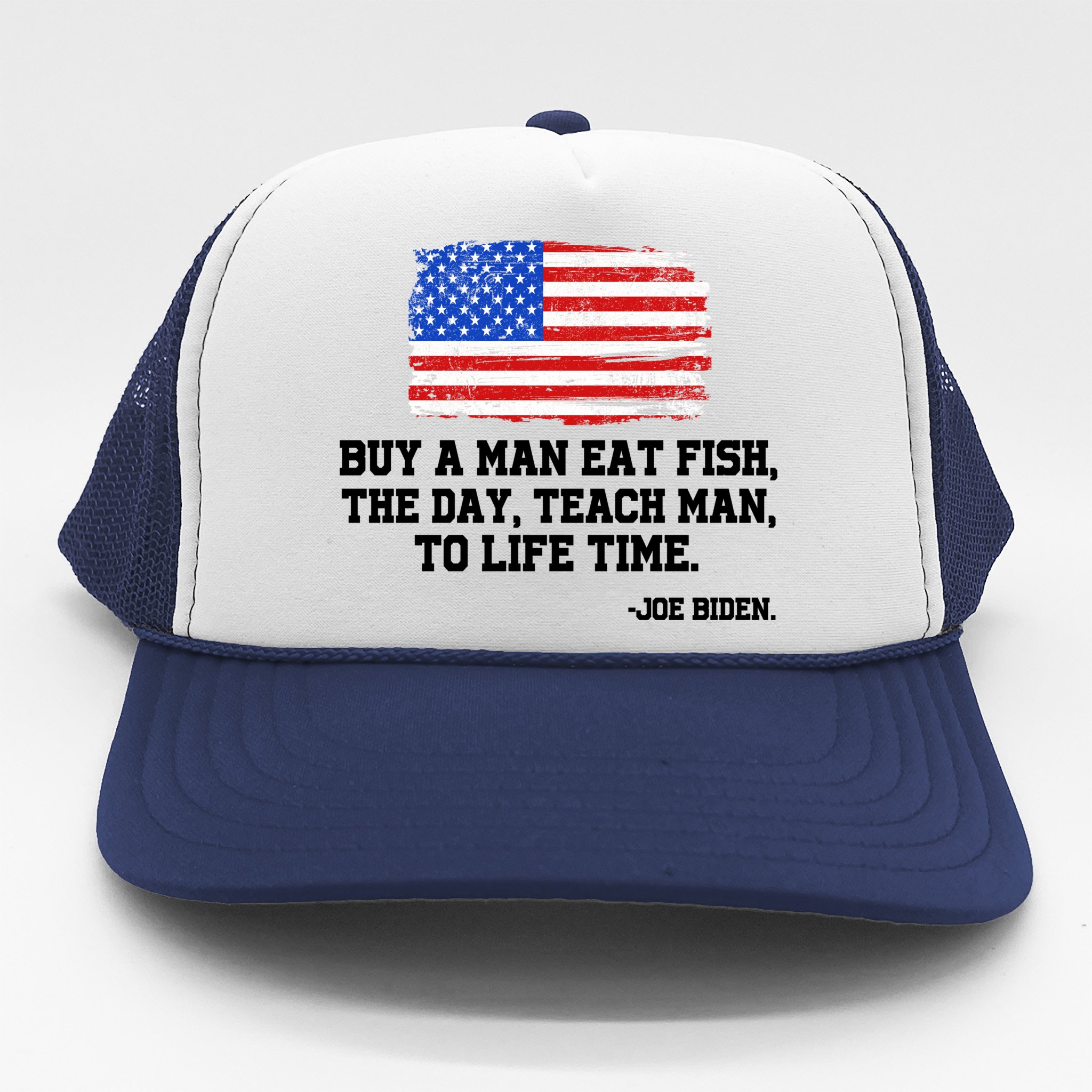 Buy A Man Eat Fish Joe Biden USA American Flag Trucker Hat