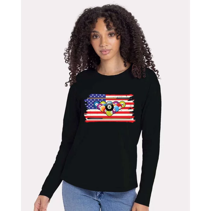 Billiards Vintage American Flag Cue Pool Billiard Player Gift Womens Cotton Relaxed Long Sleeve T-Shirt