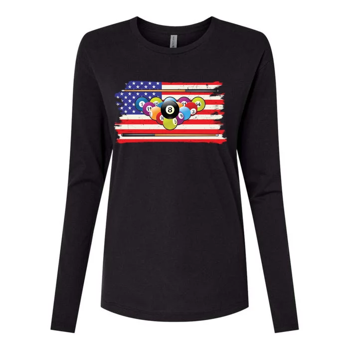 Billiards Vintage American Flag Cue Pool Billiard Player Gift Womens Cotton Relaxed Long Sleeve T-Shirt