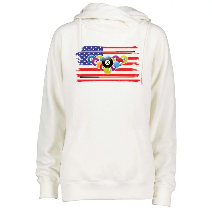 Billiards Vintage American Flag Cue Pool Billiard Player Gift Womens Funnel Neck Pullover Hood