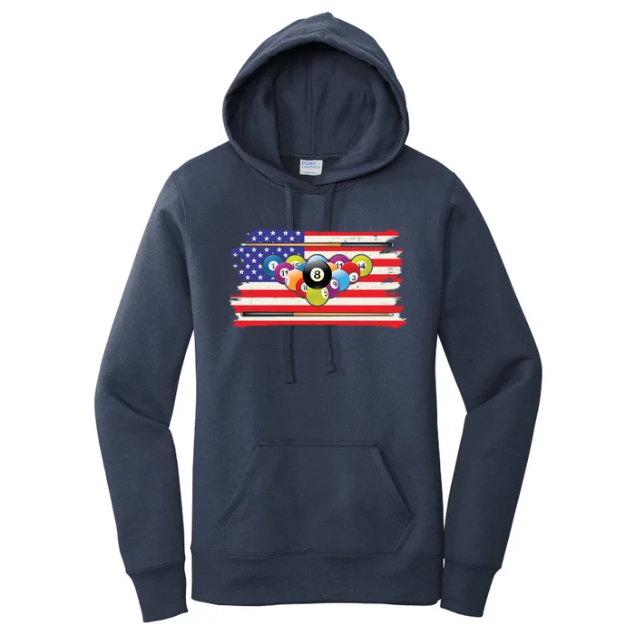 Billiards Vintage American Flag Cue Pool Billiard Player Gift Women's Pullover Hoodie