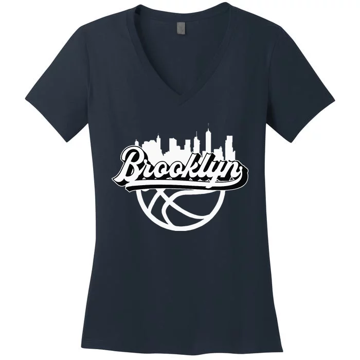 Brooklyn Vintage Basketball Script City Skyline Fan Women's V-Neck T-Shirt