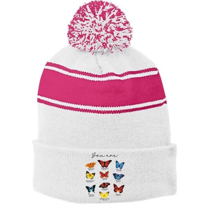 Bible Verse Christian Scripture Watercolor Butterfly Psalm Stripe Pom Pom Beanie