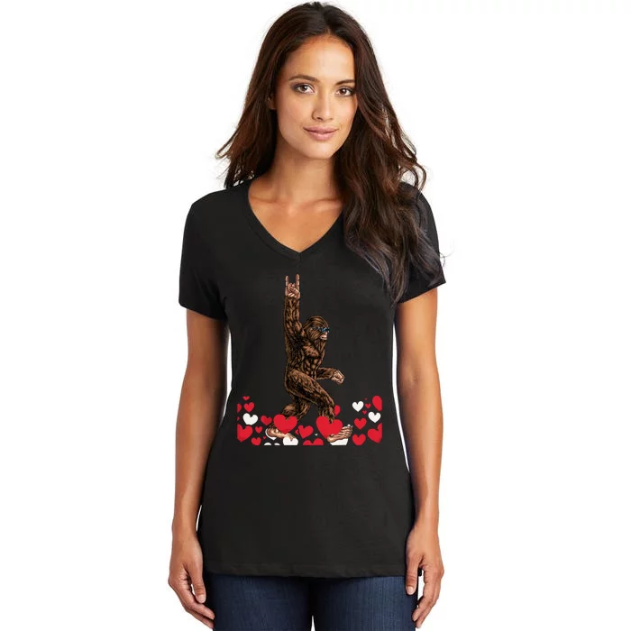 Bigfoot Valentines Day Funny Hearts Sasquatch Love Women's V-Neck T-Shirt