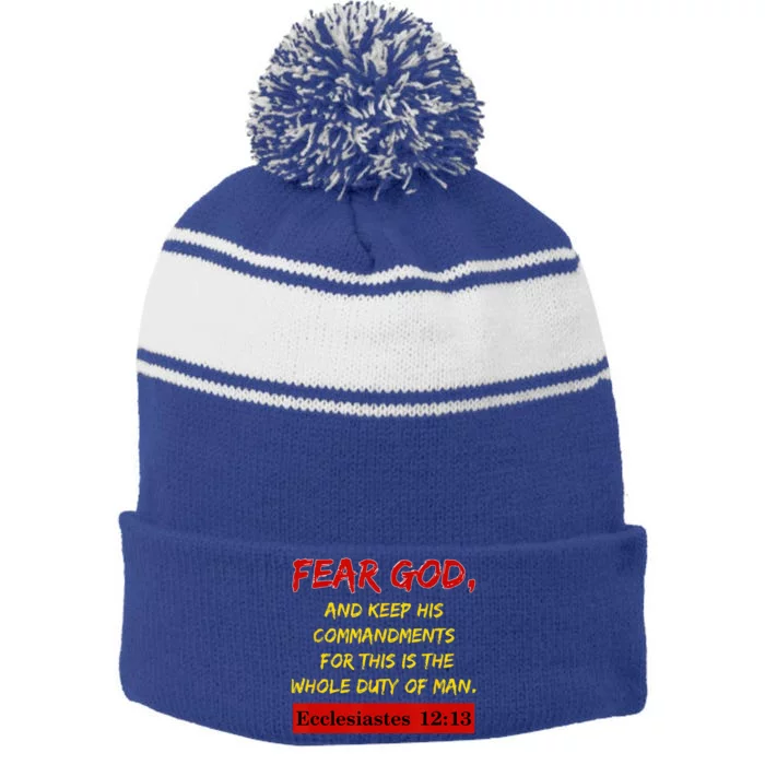 Bible Verses Fear God And Keep His Commandments. Scripture Stripe Pom Pom Beanie