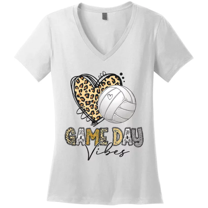 Bleached Volleyball Game Day Vibes Volleyball Mom Leopard Women's V-Neck T-Shirt